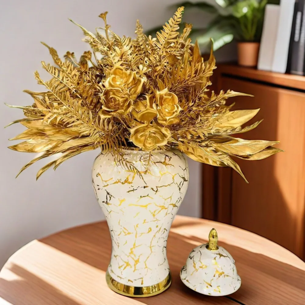 Gold Marble General Jar Porcelain Bottle Ginger Jar Ceramic Storage Tank White Gold Vase Flower Vase Home Decoration Accessories 4