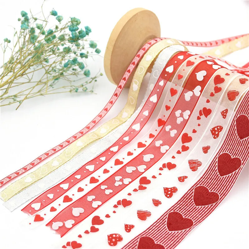 (10 meters/roll) Red Love Printed Ribbon Wedding Tanabata Gift Wrap Rope Valentine's Day Red Jacquard Ribbon DIY Handmade Ribbon