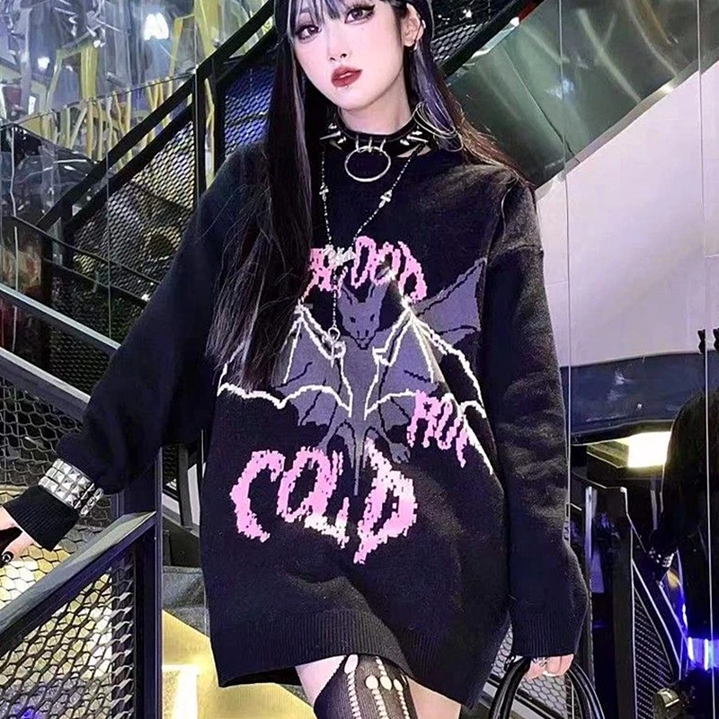 

Harajuku Dark Grunge Bat Wing Oversized Sweater Winter Women Loose O-neck Casual Pullover Streetwear All-match Kawaii Clothes