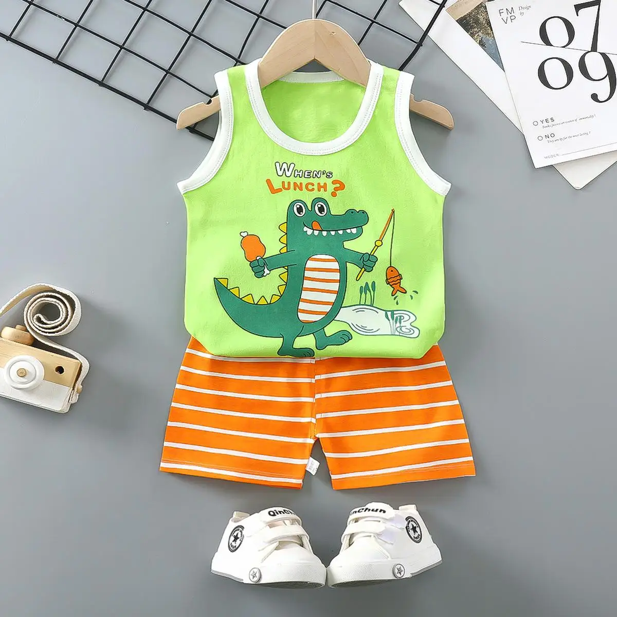 2022 New Summer Infant Baby Boys Girls Tracksuits Cartoon Print Toddler Kids Sleeveless Vest + Elastic Shorts Clothes Set Baby Clothing Set for boy Baby Clothing Set