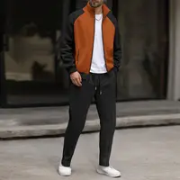 Ensemble sportif tricoté à carreaux et color-block pour homme, veste zippée et pantalon à lacets, un ensemble streetwear décontracté pour le quotidien. 1