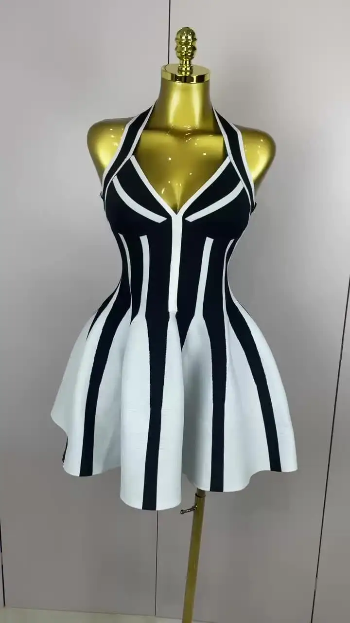 Sexy Backless Black White Stripes Halter Bandage A Line Short Dress  2025Women Celebrity Elegant Evening Party Holiday Club Dress - AliExpress  200000345