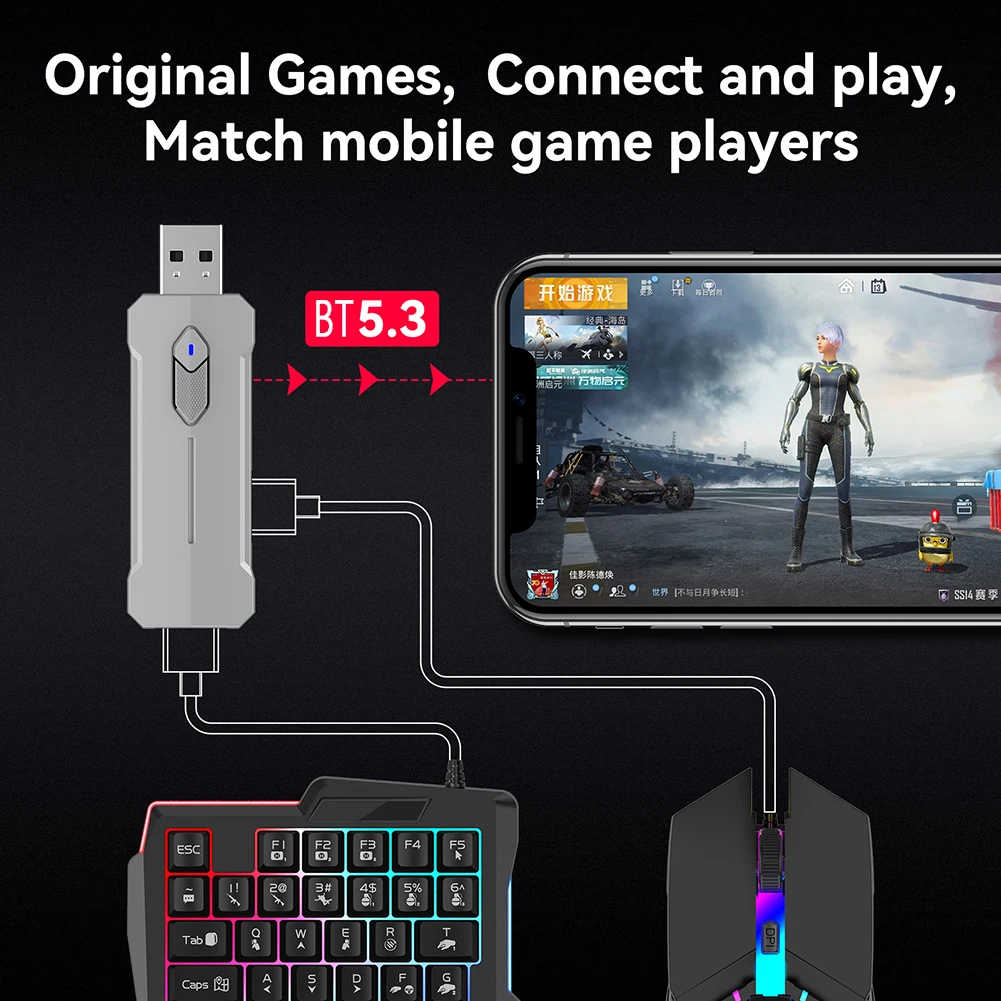 모바일 게임 컨버터 키보드 마우스 게임용 세트, PUBG 게임용 키보드 및 마우스 콤보, 안드로이드 iOS 시스템용 BT 5.3, 5 in 1
