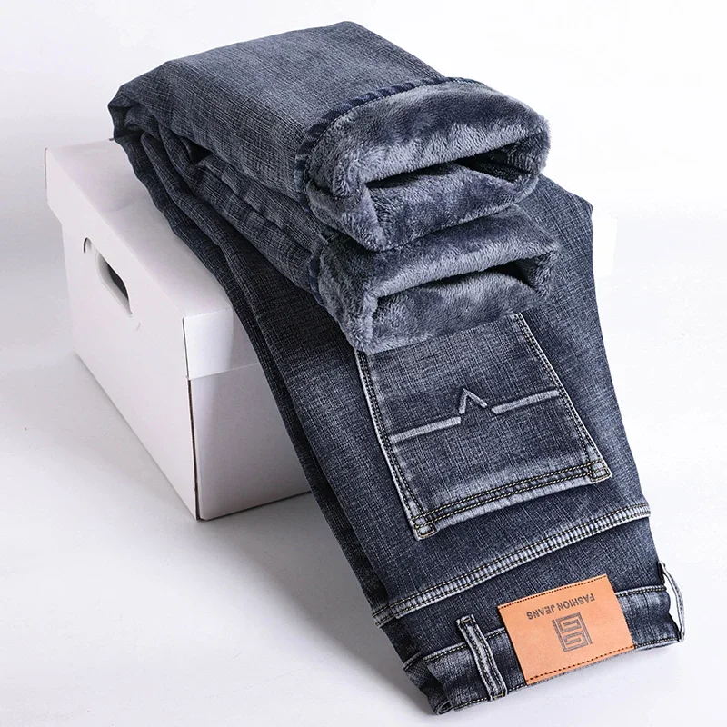Men Jeans Retro Winter New Fleece Slim Stretch Jeans Fashion Warm Straight Casual Plush Thick Velvet Male Brand Denim Trousers 4