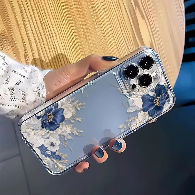 Elegant Blue and White Floral Design Clear Phone Case - Soft TPU Cover