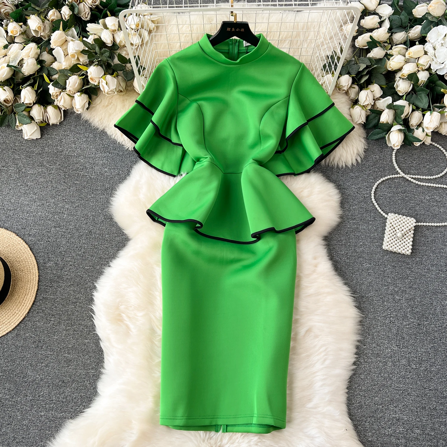 

MSHARBOR Chic Birthday Party Women'S Evening Dress Ruffled Collar Design Elegant Girth Dress Green Zipper Fishtail Dress