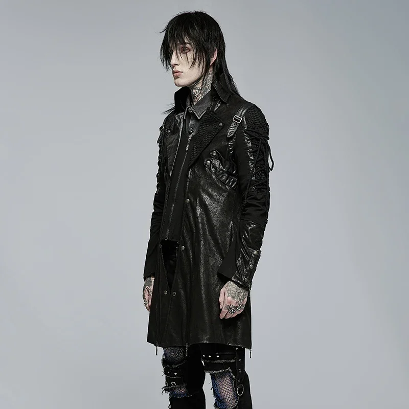 Description Picture 4 of itemPUNK RAVE Men's Punk Style Military Jackets Faux Leather Slit Unisex Gothic Retro Men Long Coats Autumn Winter Black & Red