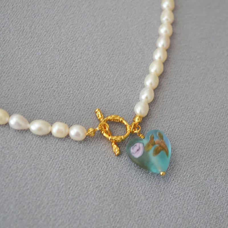 Freshwater Pearl Choker Arabesque Branch Hand-painted Flower Elegant Glass Love Heart Vintage OT Necklace