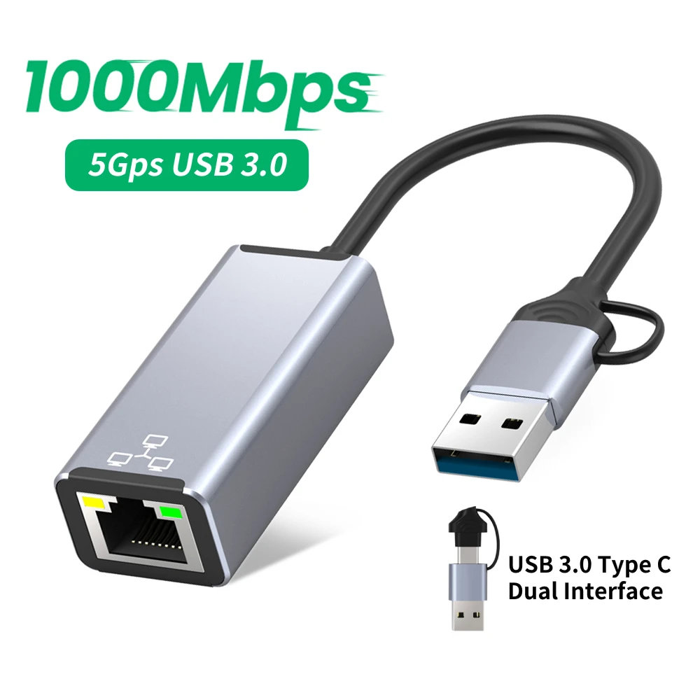 

Проводная сетевая карта с двумя интерфейсами USB Type C на RJ45, внешняя Проводная сетевая карта USB 3,0 на Ethernet, адаптер 1000 Мбит/с для Macbook, ноутбука, ПК