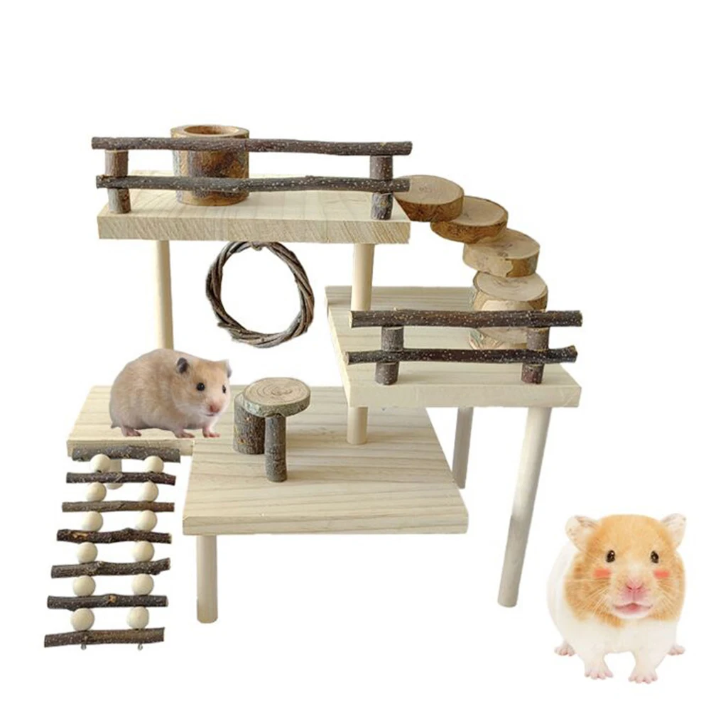 Wooden Hamster Platform with Fence Climbing Ladder 3 Tier Handmade Guinea Pig Playground Small Animals Exercise Activity Toy hamster supplies hamster cage toy