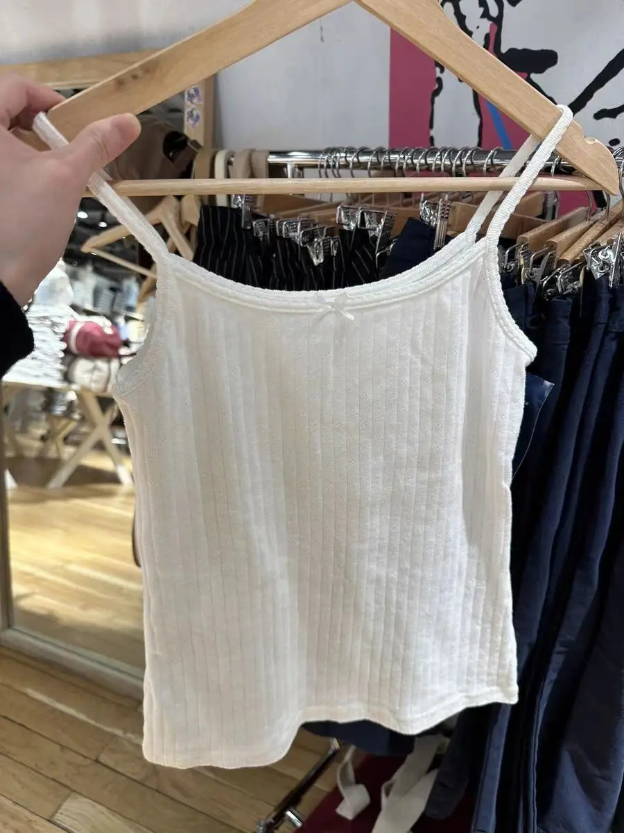 Eyelet White Tank Pant Home Set Woman Bow Slim Crop Top+Elastic High Waist Straight Trousers Summer Cotton Pajama 2 Piece Sets 2