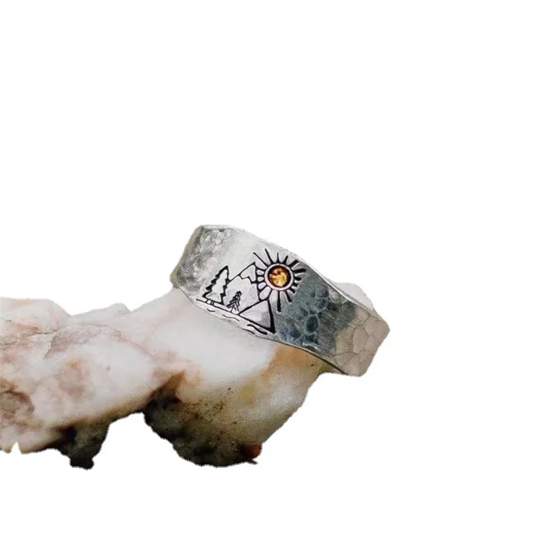 Vintage Ring Forest Mountain Sunset Nature Landscape Carved For Women Men Open Adjustable Jewelry