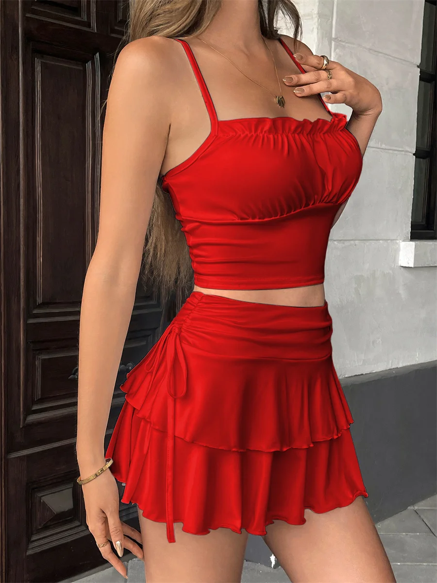 Women's Mini Skirt Low Waist Solid Color Ruffle Hem Skirt Role Play Schoolgirl Costume Sexy Hot Summer Elastic Waist Short Skirt 5
