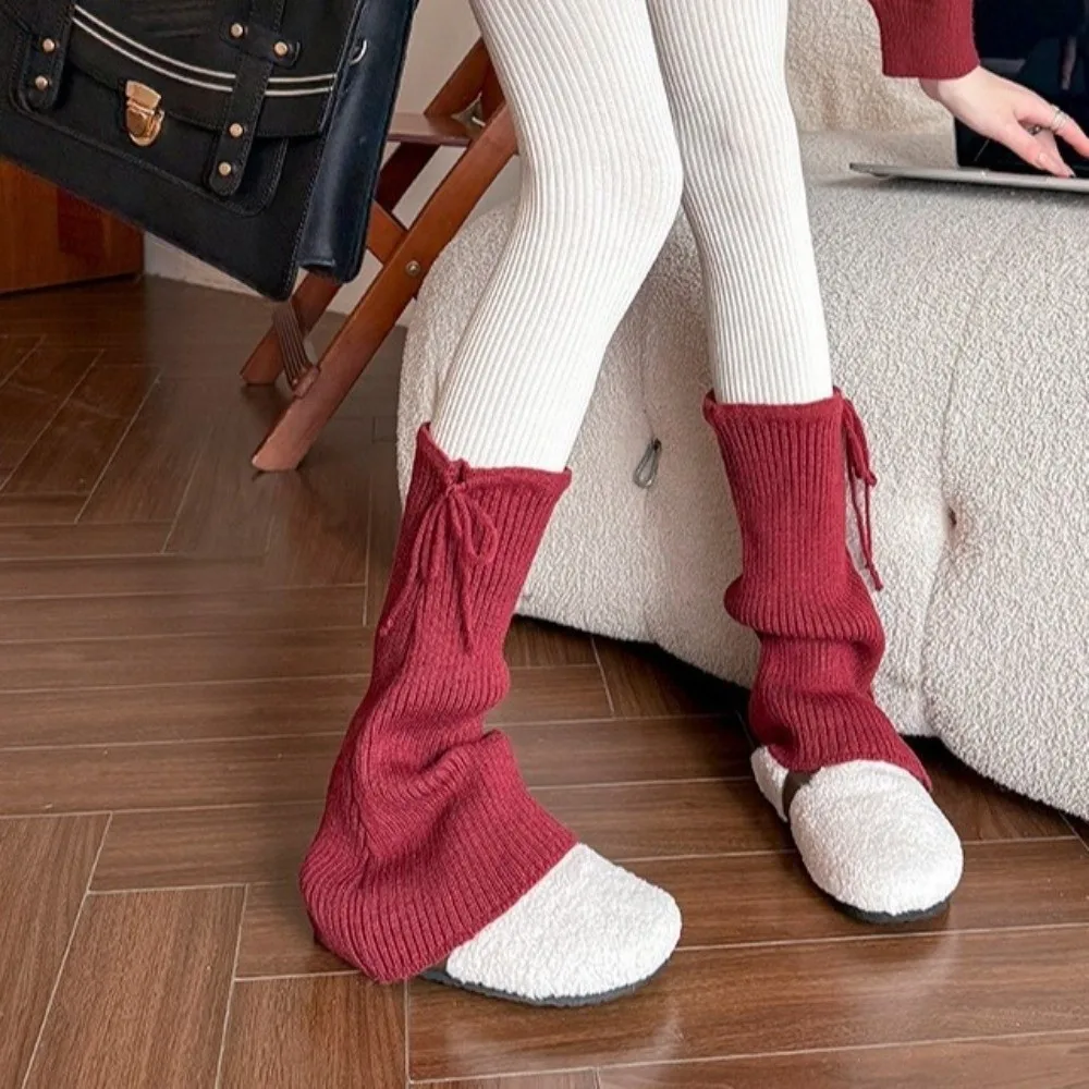 New Solid Color Leg Warmers Knitted Bow Thickened Mid-Calf Sock Harajuku Pile Sock Autumn and Winter