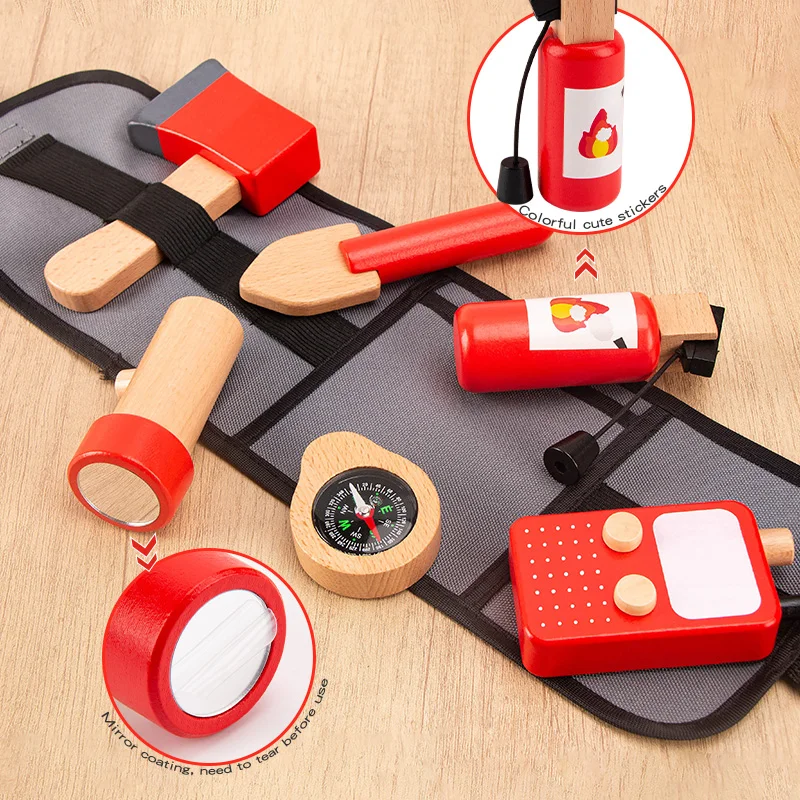 Children's Wooden Firefighter Tool Belt Pretend Play Set - Educational Role Play Toy