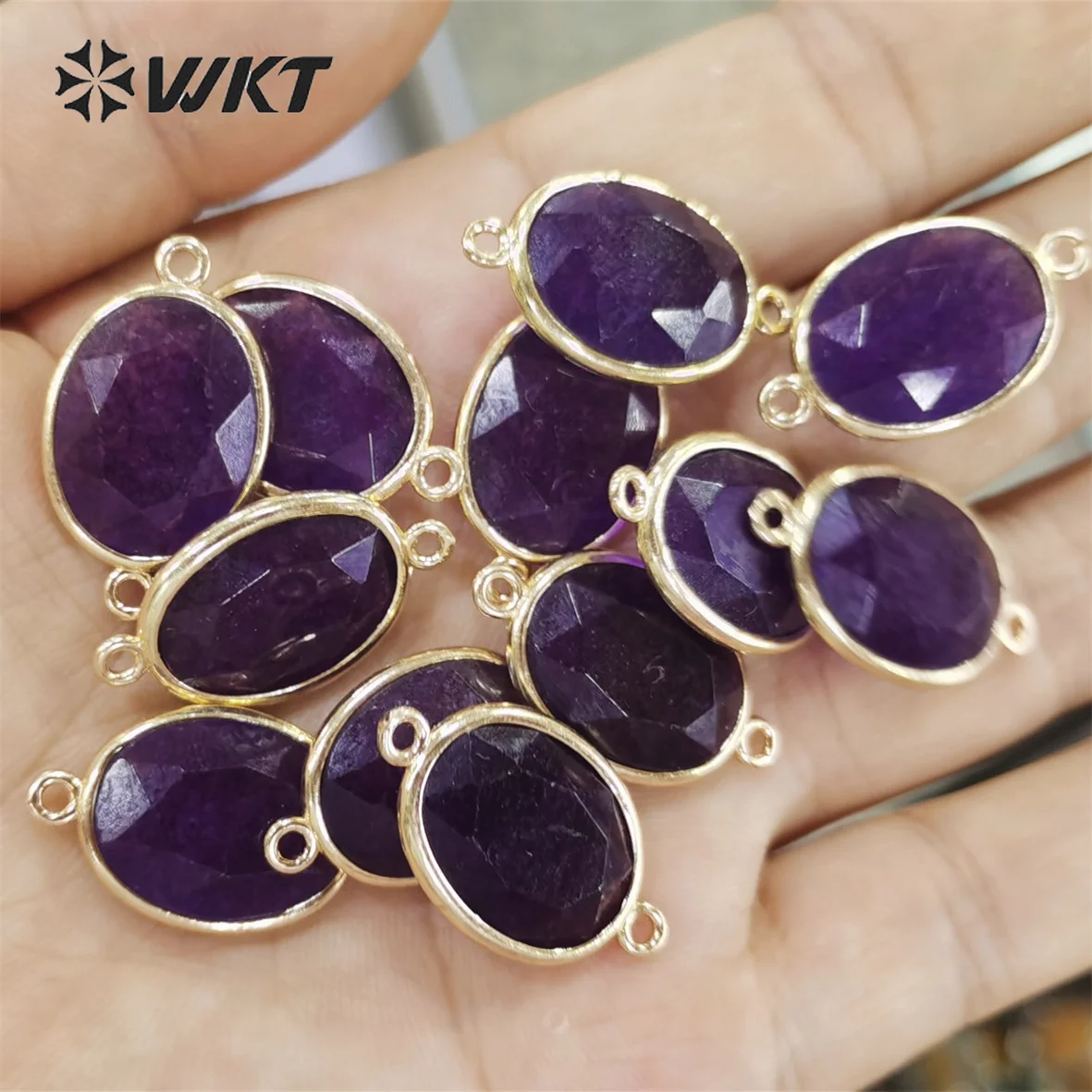 

WT-C304 Hot Women Fashion Gold Bezel Double Loops Natural Gemstone Connectors For Jewelry DIY Finding Faceted Stone