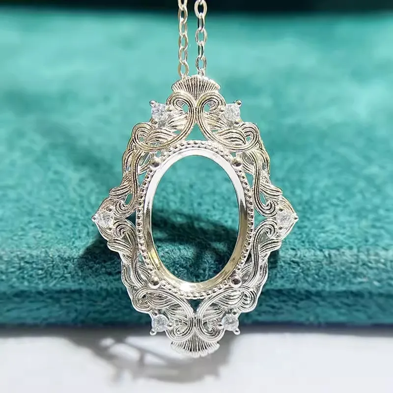 MeiBaPJ 10mm*14mm Elliptic Stone DIY 925 Silver Holder Fashion Pendant Necklace Empty Setting Fine Wedding Jewelry for Women