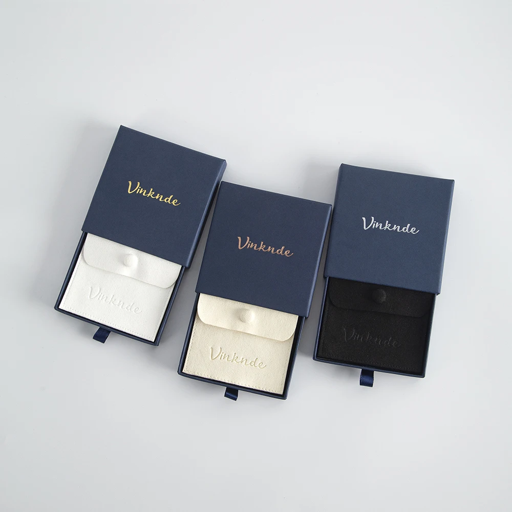 Custom Logo Blue Package Box Snap Suede Jewelry Earring Pouch  Microfiber Jewelry Gift Pouches Bags Drawer Cardboard Boxes Case