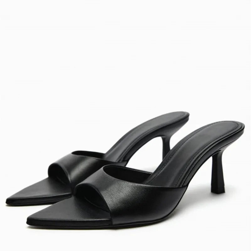 2023 ZAZA Summer Black Heeled Leather Sandals For Women Sexy Pointed