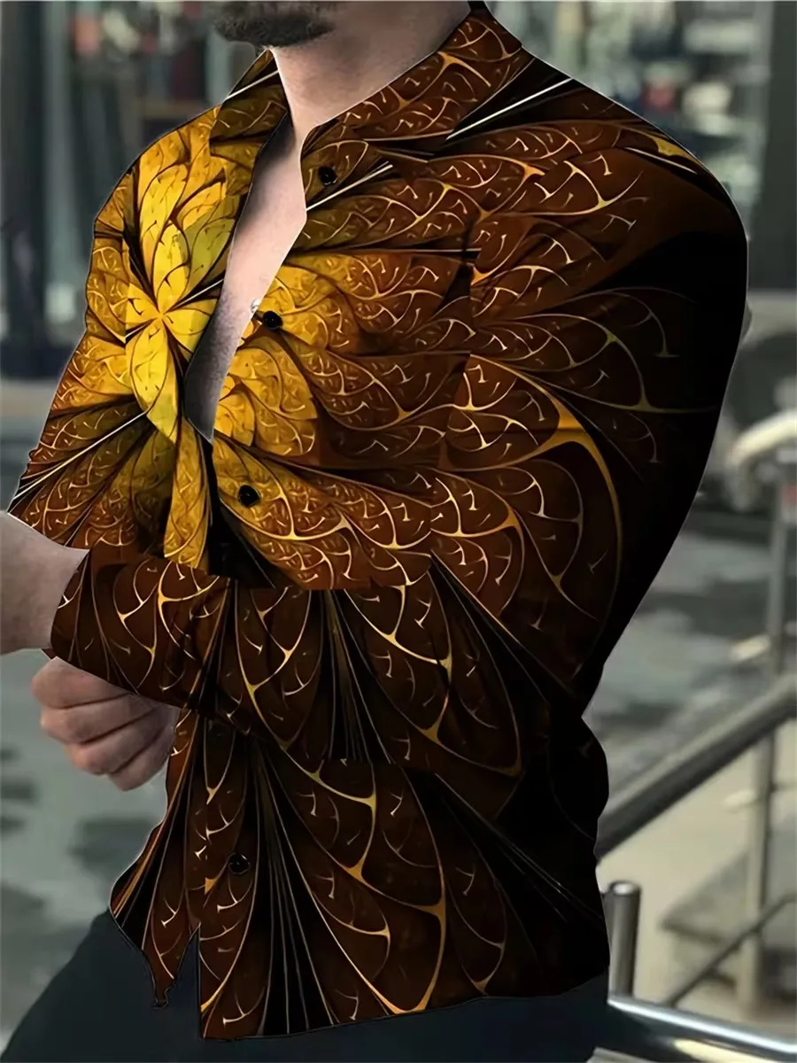 قميص رجالي بأكمام طويلة بتصميم خطوط هندسية باللونين الأسود والذهبي، كارديجان أنيق وعصري من قماش مريح.