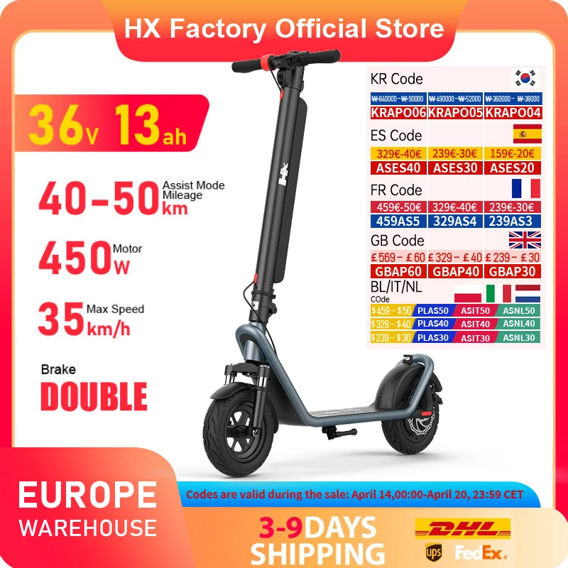 HX 13AH Electric Scooter Powerful 450W 35KM/H Foldable Electric Kick Scooter 10 Inch Smart Escooter For Adults