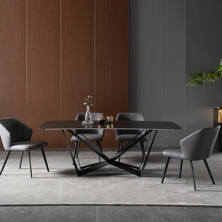 

Modern dining room furniture set 6 seater scratch proof black Sintered stone top Carbon steel base square shape Dining Table