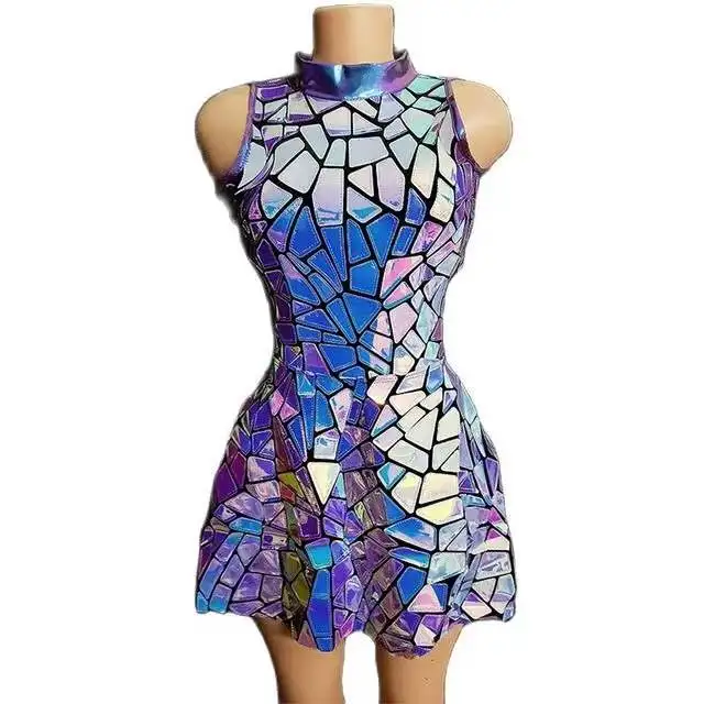 

Women Singer Dancer Bar Nightclub Stage Wear Birthday Prom Show Costume Purple Blue Laser Mirror Sequins Sleeveless Short Dress
