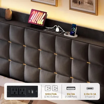 Queen Size Bed Frame with 3 Storage Drawers and RGB LED Lights, Velvet Upholstered Bed with Charging Station and Storag 4