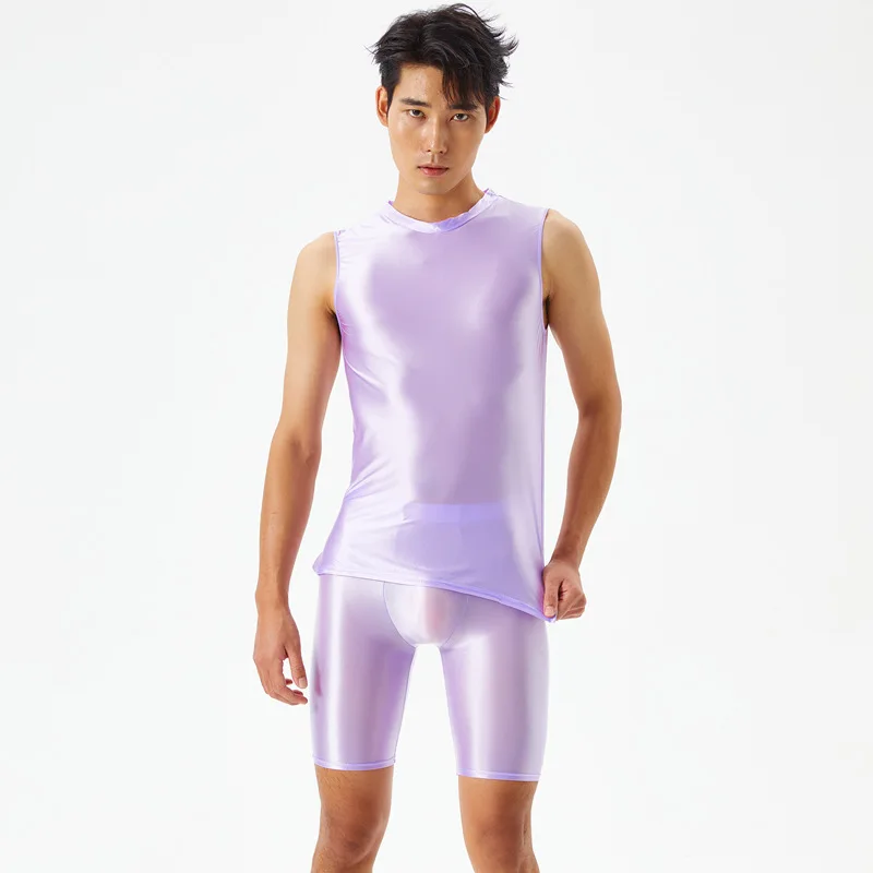 Men Silky Shiny Tight Transparent Vest Five-point Pants Oily Fitness Shorts Glossy Swimming Sports Yoga Suit Plus Size