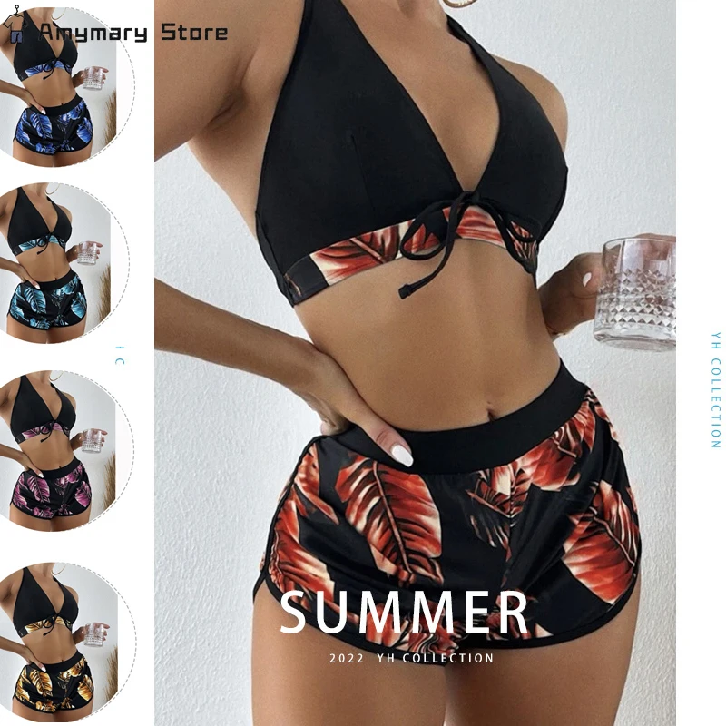 New Women's Backless Padded Breast Bikini Set Printed Boxer Shorts Sexy Non-steel Ring Surf Swimming Costume Three-piece Set
