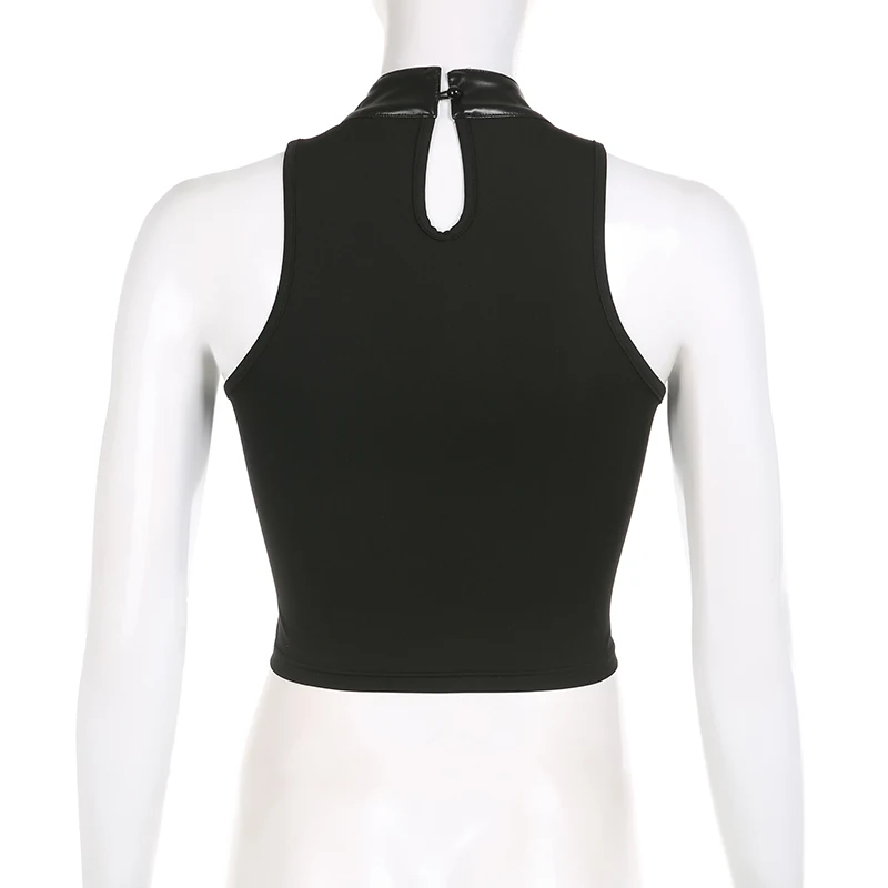 Camiseta sin mangas estilo punk para mujer, de cuero, con hebilla, sin mangas, con cremallera y retazos, estilo hip hop