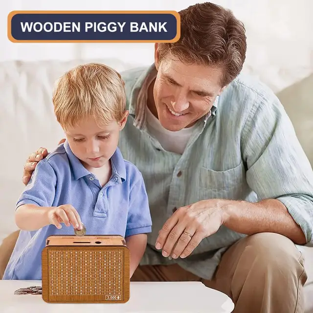 Salvadanaio Legno Con Obiettivi - Riutilizzabile, Con Adesivi E Pennarello, Per Risparmi - Foto 10