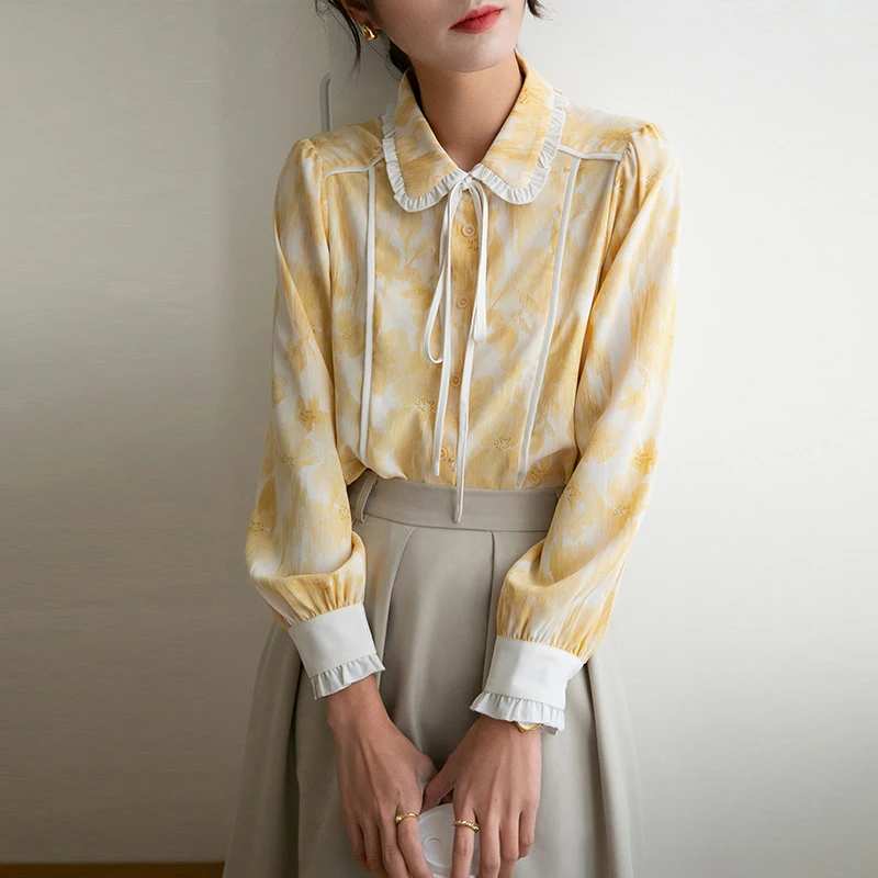 

New elegant office lady shirts France style womans blouse Spring Summer Long sleeve Tops floral blusa mujer