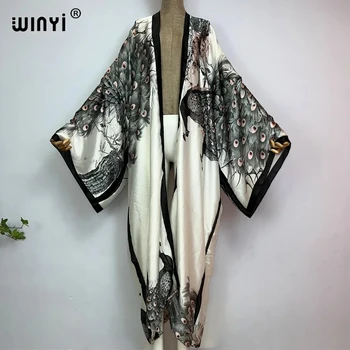 WINYI Summer Classic peacock print kimono African Women Cardigan sexy Boho Maxi Holiday long Sleeve Silk feeling dress kaftan 1