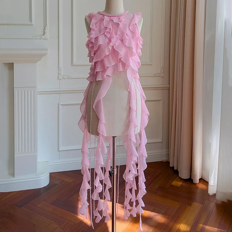 

Элегантные блузки для женщин, новинка 2024, женская блузка с украшением из бисера и оборками по краям, топ без рукавов с асимметричными кисточками, шифоновый жилет