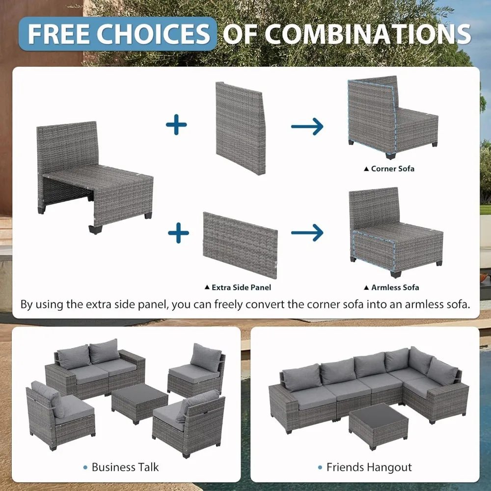 Rattan Patio Sectional Sofa Conversation Set with Coffee Table, PE Wicker L-Shaped Sofa Set for Garden, Garden Sofas 4