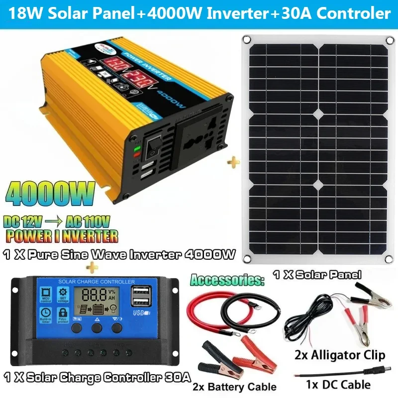 12V to 110V/220V Solar Panel System 12V Solar Panel Battery Charge Controller 4000W Inverter Kit Complete Power Generation solar panel kit solar controller grid solar inverter