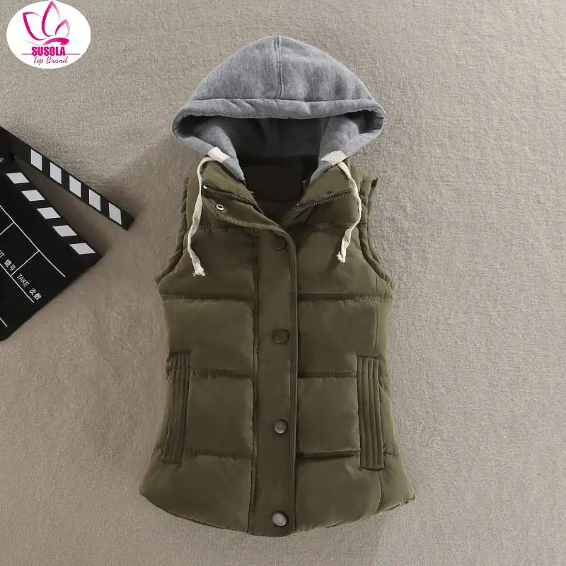 

SUSOLA 6XL Women Vest Winter Coat Ladies Gilet Colete Feminino Casual Pocket Hooded Waistcoat Female Sleeveless Jacket