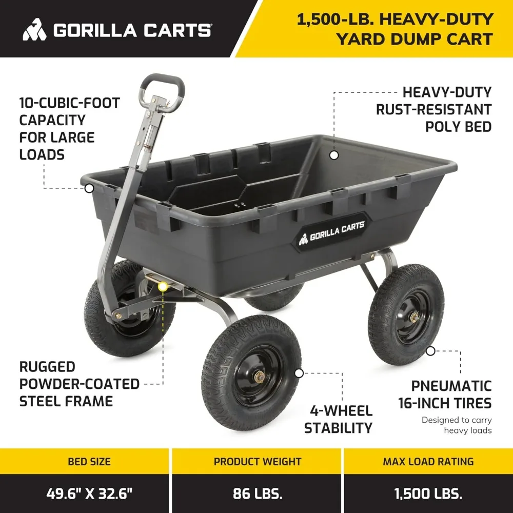 Heavy Duty Poly Yard Dump Cart Garden Wagon, Utility Wagon with Easy to Assemble Steel Frame,1500 Pound Capacity,and16Inch Tires