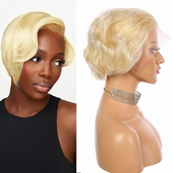 Peluca pixie corta ondulada rubio 613 de cabello humano con malla frontal 1