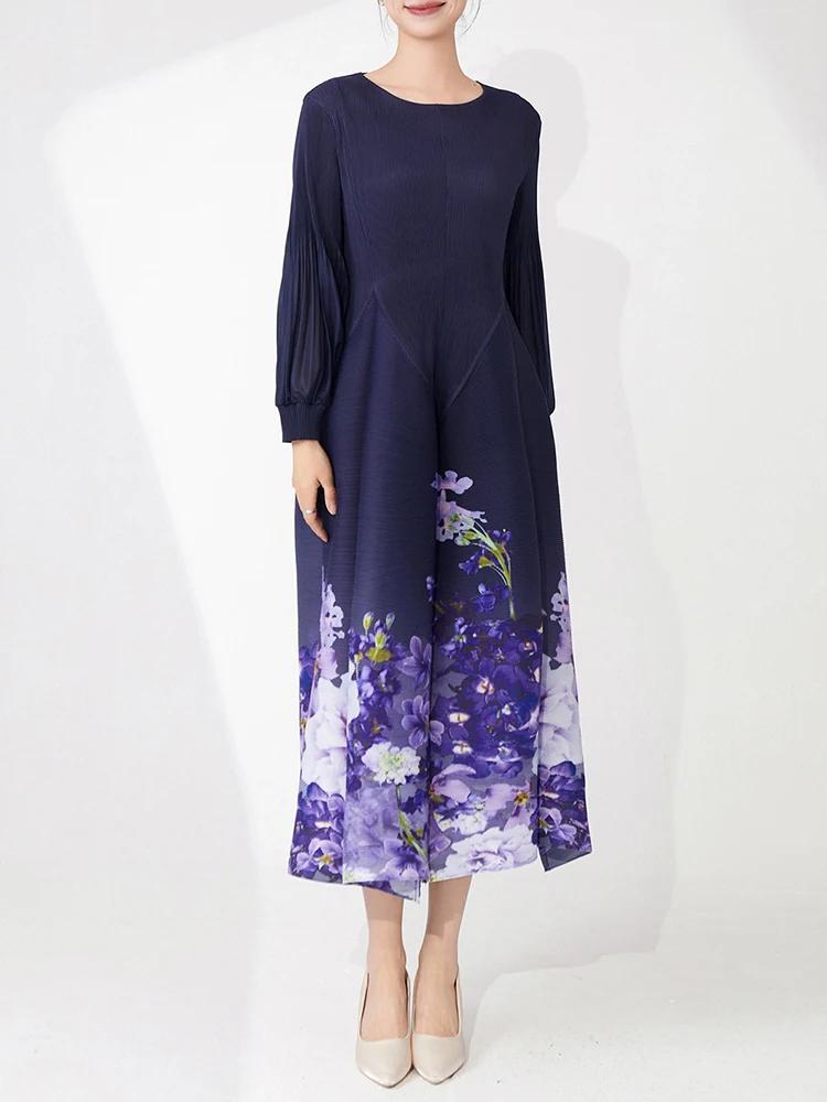 LANMREM Purple Printting Fashion Pleated Dress For Women Loose Causal Round Collar Long Sleeve A-line Dresses 2025 New 2DB3065 - Image 2