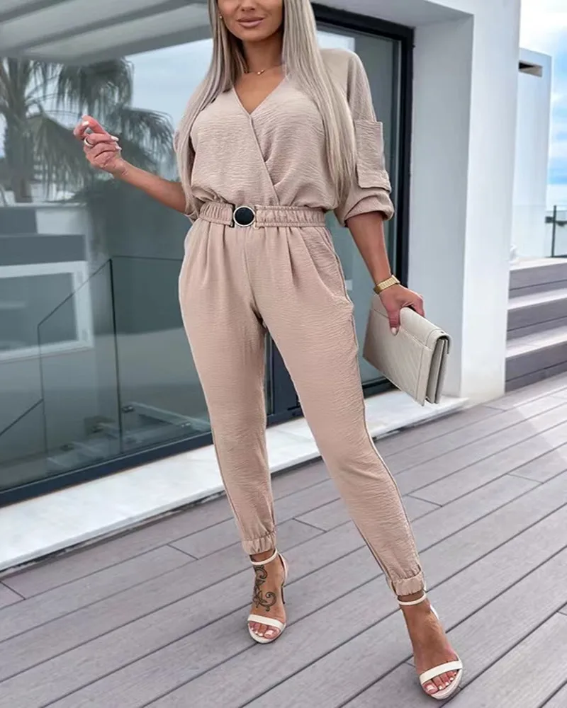 2023 new women's elegant party jumpsuit collage trousers jumpsuit high waist slim casual pants pure color wide-leg summer jumpsu