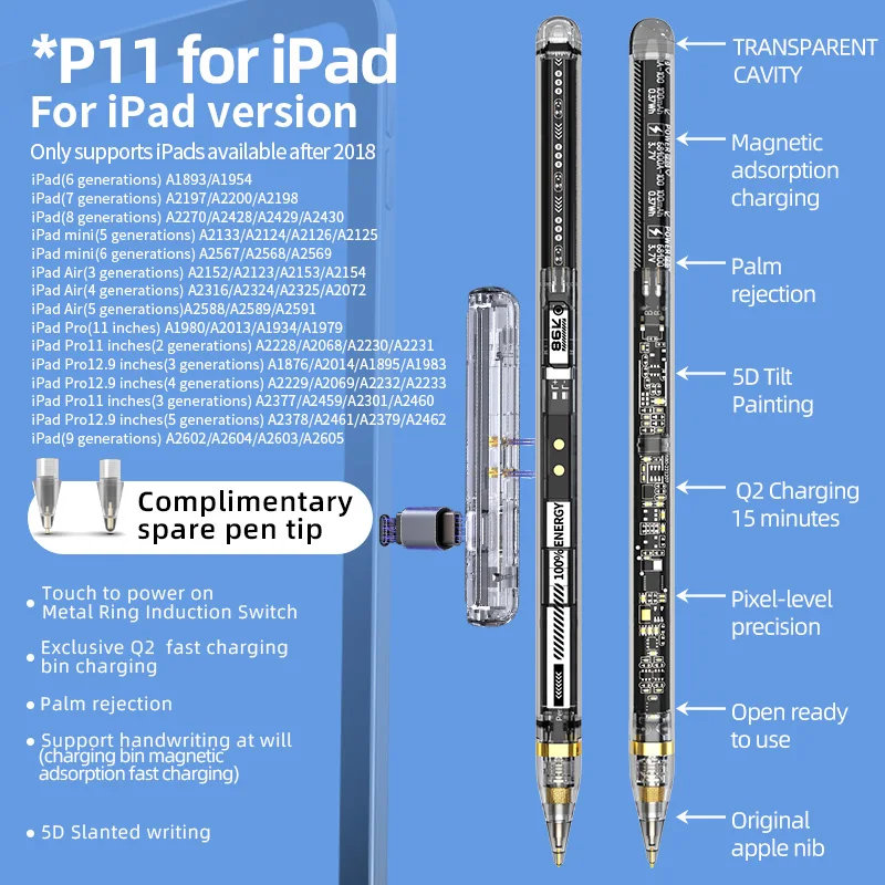 Basix 투명 고속 충전 터치 스타일러스 펜 포함, 가짜 터치 손바닥 거부, 아이패드펜슬 2018 2023