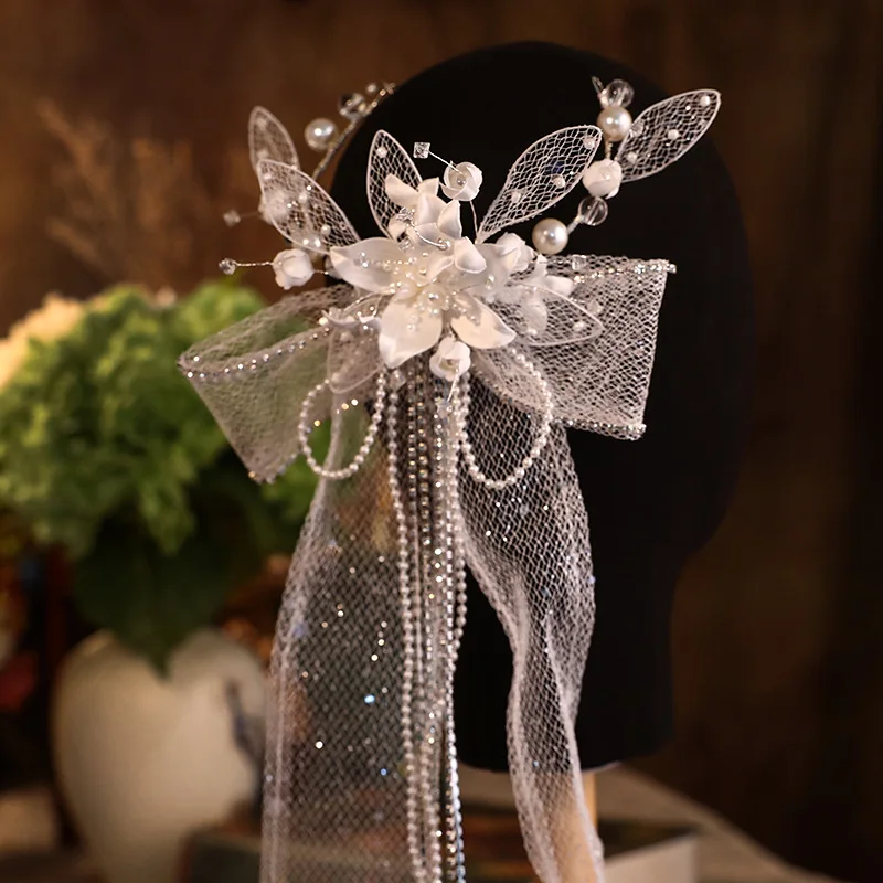 New Bridal Headwear White Lace Flower Beaded Tassel Hairpin Wedding Edge Clip Hair Accessories for Women