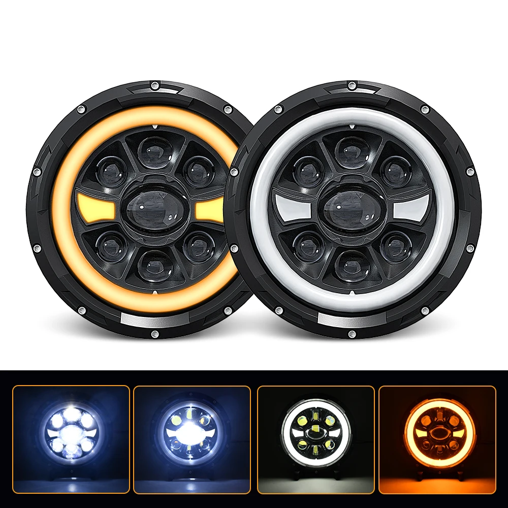 DRL 4x4 7inch Round Headlight with High/Low Beam Turn Signal Jeep Crystal Len 4