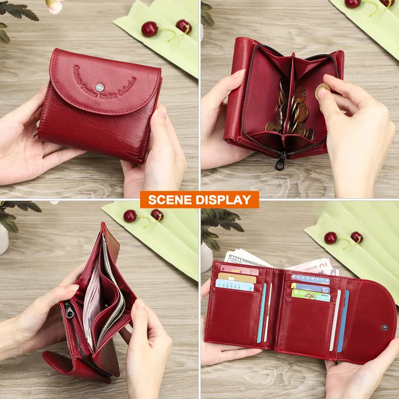 Johnature Fashion Genuine Leather Wallet Versatile Solid Color Short Rfid Anti Theft Women Wallets Cowhide Three Fold Purse