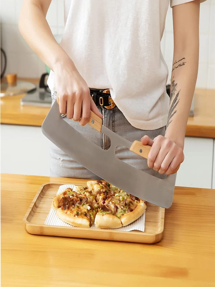 

Stainless Steel Pizza Cutter Rocker Blade with Double Wooden Handle Kitchen Rocking Pizza Knife Baking Tools Pizza Accessories