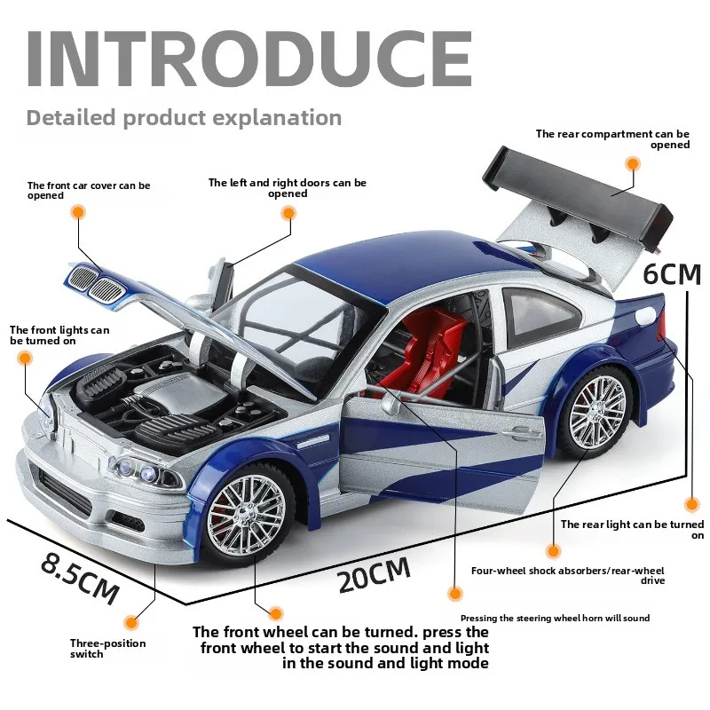 시뮬레이션 1:24 BMW M3 GTR E46 레이싱카 모델 합금 미니어처 자동차 컬렉션 장식품 장난감 자동차 남자친구 생일 선물
