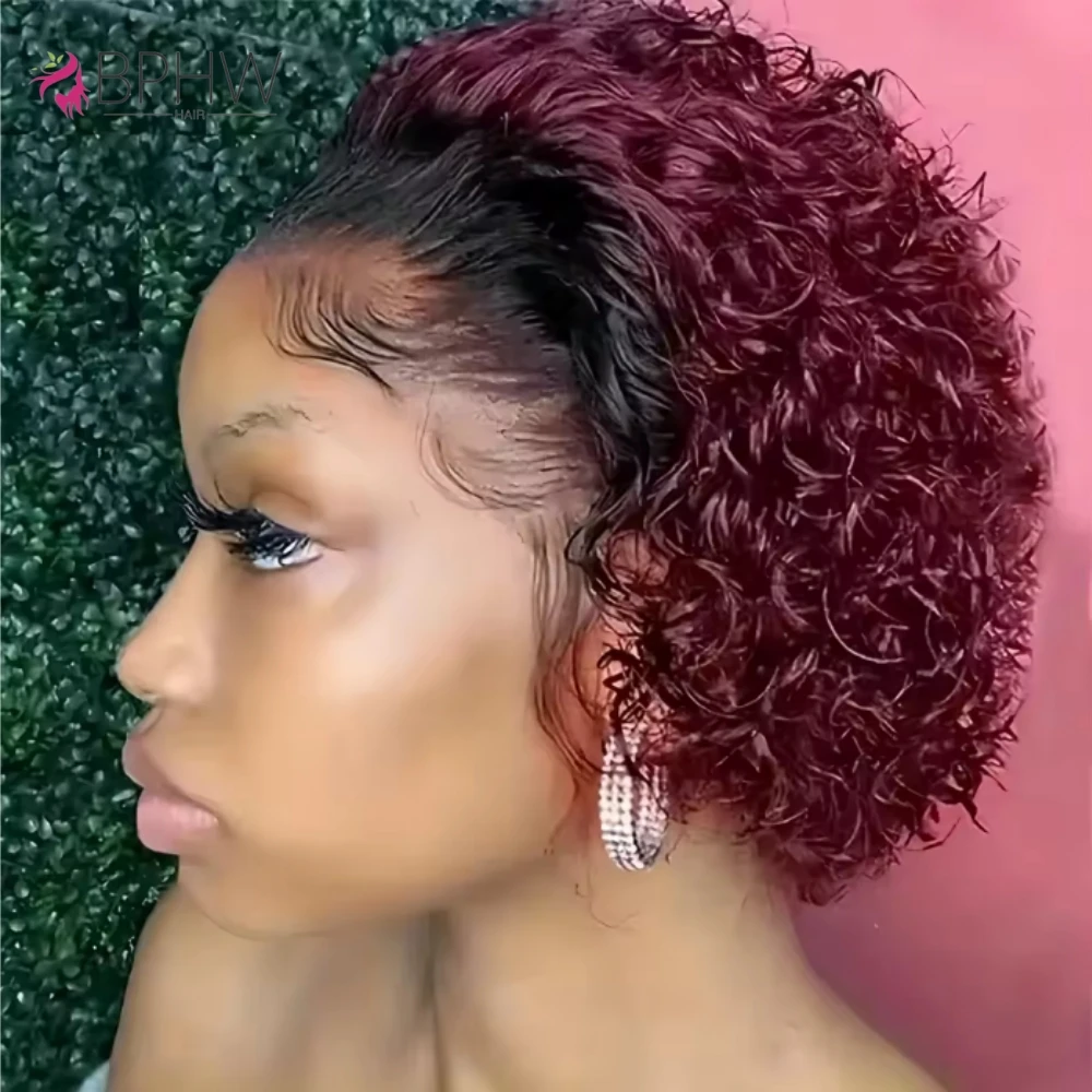 Pixie Cut Wig Human Hair 1b 99J Burgundy Highlight Honey Colored Ombre Wig Short Curly Bob Wig Preplucked 13x1 Lace Frontal Wigs