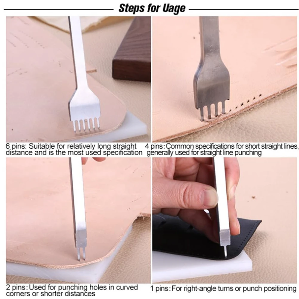 Leather Hole Punch 1/2/4/6 Holes Fork Row DIY Leathercraft Hand Piercing Stitching Tool